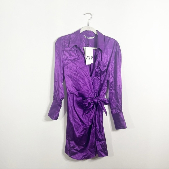 NWT Zara Purple Satin Effect Faux Wrap Mini Dress Small - Picture 5 of 10